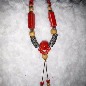 Necklace, Artisan inspired Red and Ivory Beaded, 13" drop